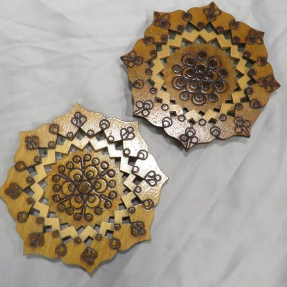 Handmade Wood Layered Coasters / Wall Hangings - 5 1/2" round, Set of 2 - Picture 1 of 3